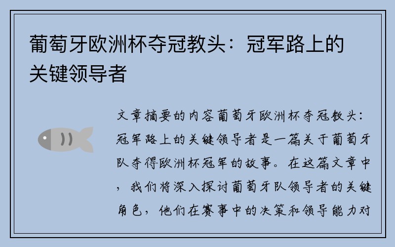 葡萄牙欧洲杯夺冠教头：冠军路上的关键领导者