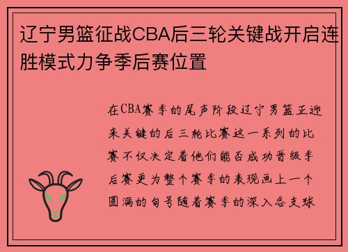 辽宁男篮征战CBA后三轮关键战开启连胜模式力争季后赛位置
